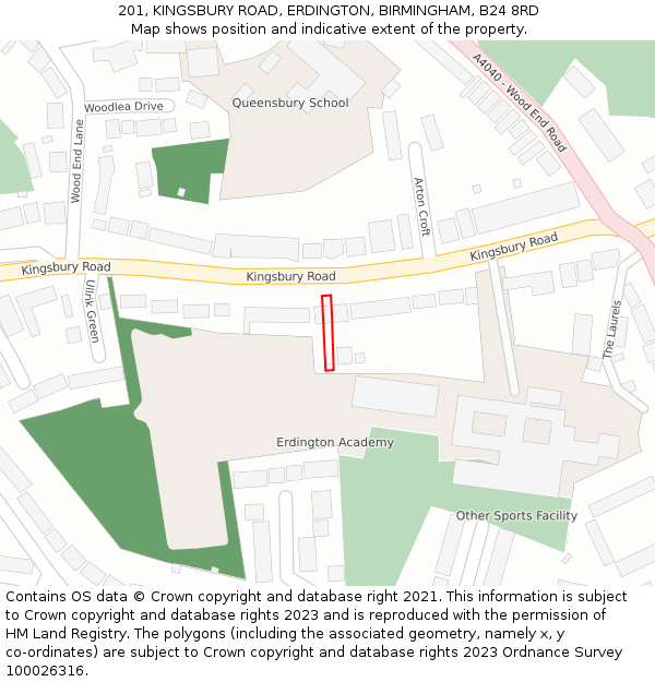 201, KINGSBURY ROAD, ERDINGTON, BIRMINGHAM, B24 8RD: Location map and indicative extent of plot