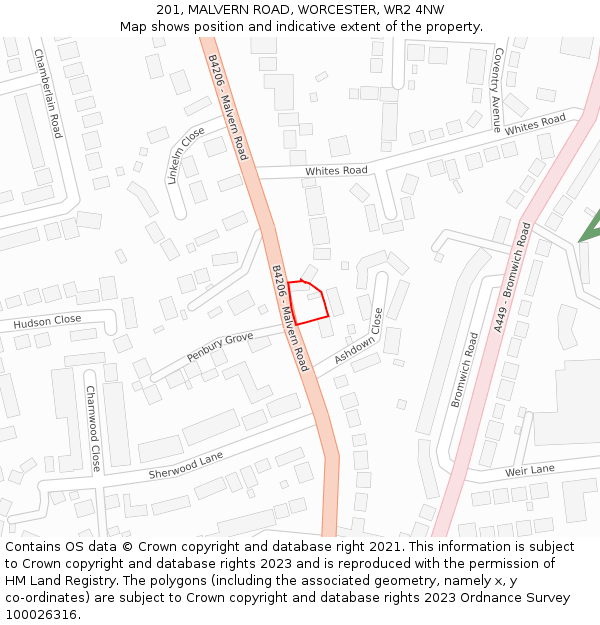 201, MALVERN ROAD, WORCESTER, WR2 4NW: Location map and indicative extent of plot