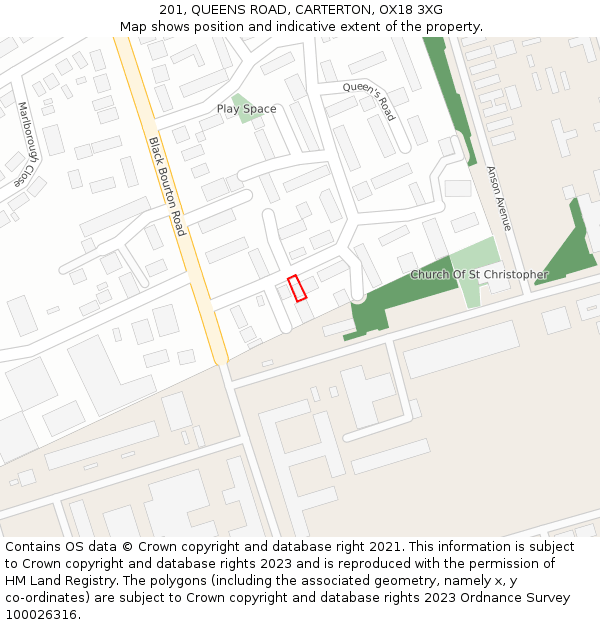 201, QUEENS ROAD, CARTERTON, OX18 3XG: Location map and indicative extent of plot