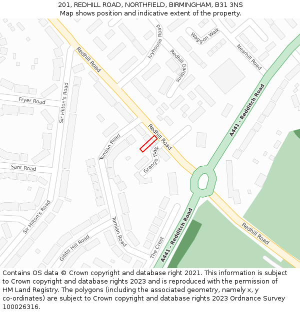 201, REDHILL ROAD, NORTHFIELD, BIRMINGHAM, B31 3NS: Location map and indicative extent of plot