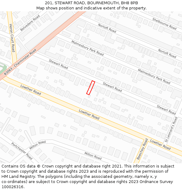 201, STEWART ROAD, BOURNEMOUTH, BH8 8PB: Location map and indicative extent of plot