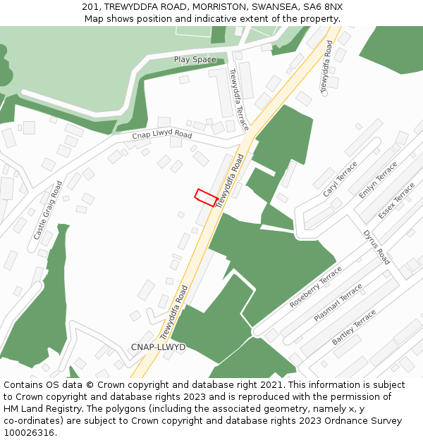 201, TREWYDDFA ROAD, MORRISTON, SWANSEA, SA6 8NX: Location map and indicative extent of plot