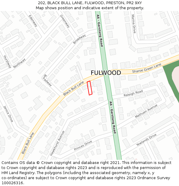 202, BLACK BULL LANE, FULWOOD, PRESTON, PR2 9XY: Location map and indicative extent of plot