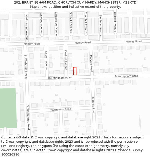 202, BRANTINGHAM ROAD, CHORLTON CUM HARDY, MANCHESTER, M21 0TD: Location map and indicative extent of plot