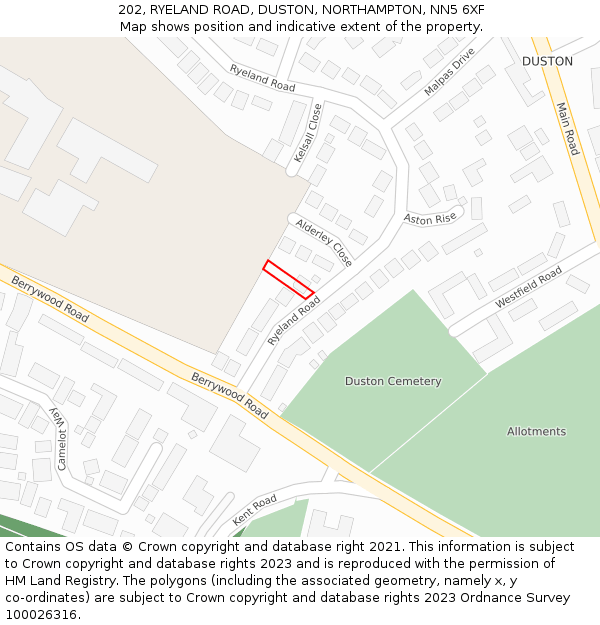 202, RYELAND ROAD, DUSTON, NORTHAMPTON, NN5 6XF: Location map and indicative extent of plot