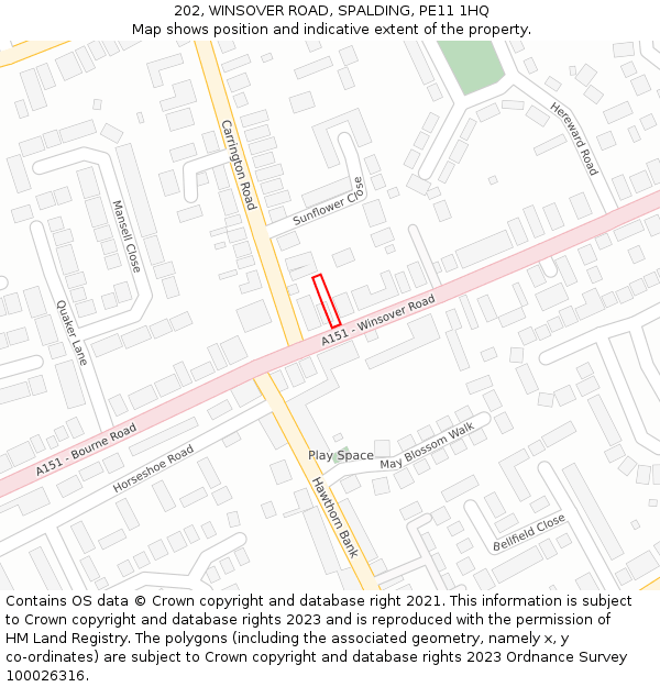 202, WINSOVER ROAD, SPALDING, PE11 1HQ: Location map and indicative extent of plot