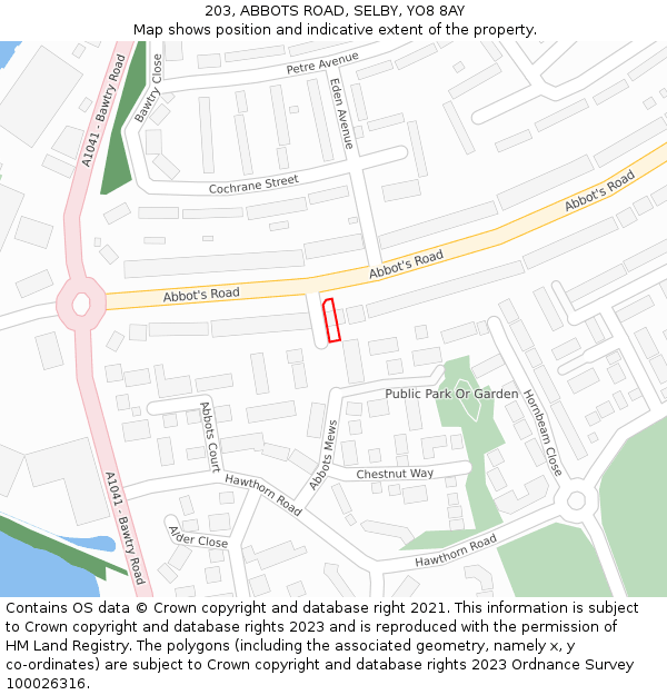 203, ABBOTS ROAD, SELBY, YO8 8AY: Location map and indicative extent of plot