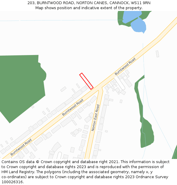 203, BURNTWOOD ROAD, NORTON CANES, CANNOCK, WS11 9RN: Location map and indicative extent of plot