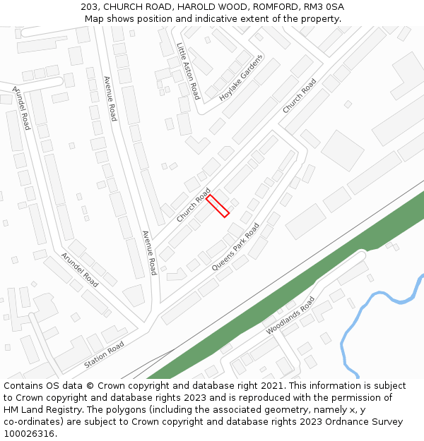 203, CHURCH ROAD, HAROLD WOOD, ROMFORD, RM3 0SA: Location map and indicative extent of plot