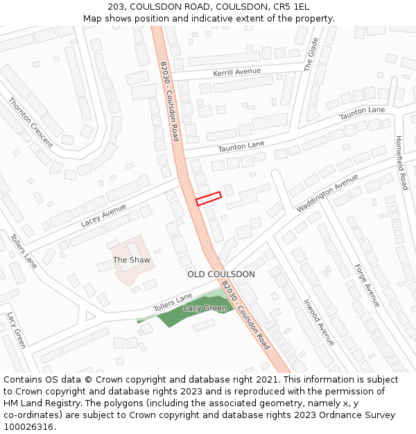 203, COULSDON ROAD, COULSDON, CR5 1EL: Location map and indicative extent of plot