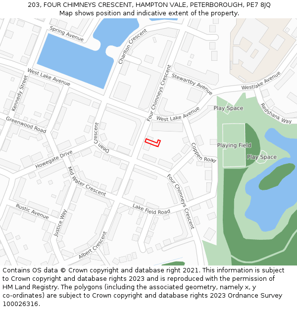 203, FOUR CHIMNEYS CRESCENT, HAMPTON VALE, PETERBOROUGH, PE7 8JQ: Location map and indicative extent of plot