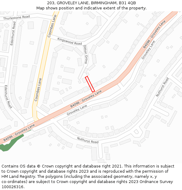 203, GROVELEY LANE, BIRMINGHAM, B31 4QB: Location map and indicative extent of plot