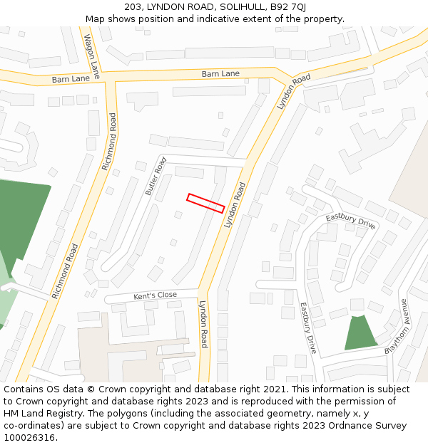 203, LYNDON ROAD, SOLIHULL, B92 7QJ: Location map and indicative extent of plot