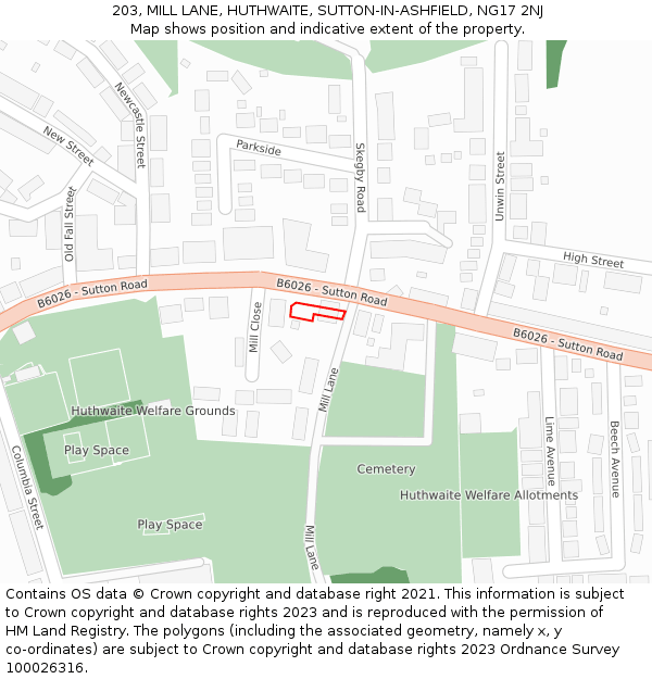 203, MILL LANE, HUTHWAITE, SUTTON-IN-ASHFIELD, NG17 2NJ: Location map and indicative extent of plot