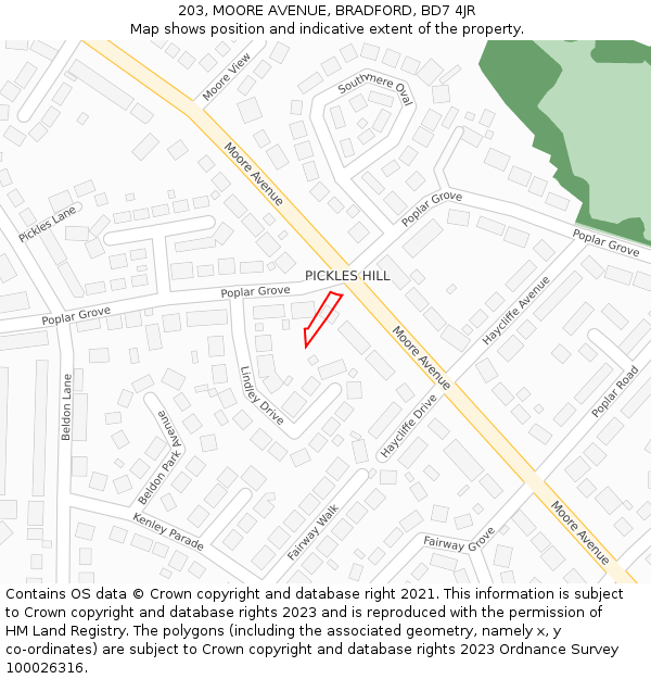 203, MOORE AVENUE, BRADFORD, BD7 4JR: Location map and indicative extent of plot