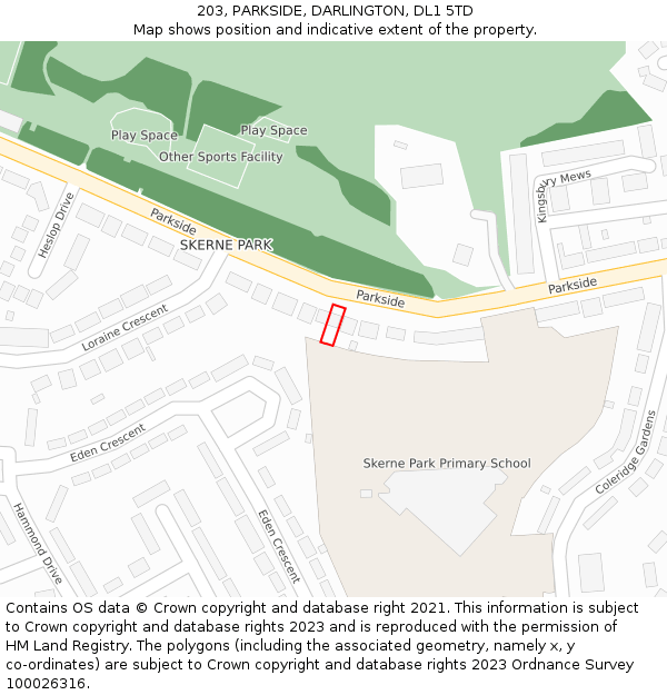 203, PARKSIDE, DARLINGTON, DL1 5TD: Location map and indicative extent of plot