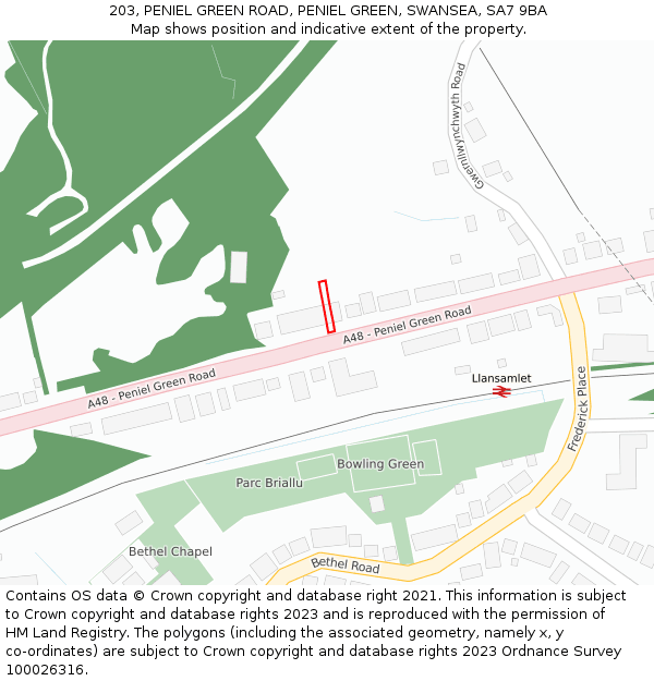 203, PENIEL GREEN ROAD, PENIEL GREEN, SWANSEA, SA7 9BA: Location map and indicative extent of plot