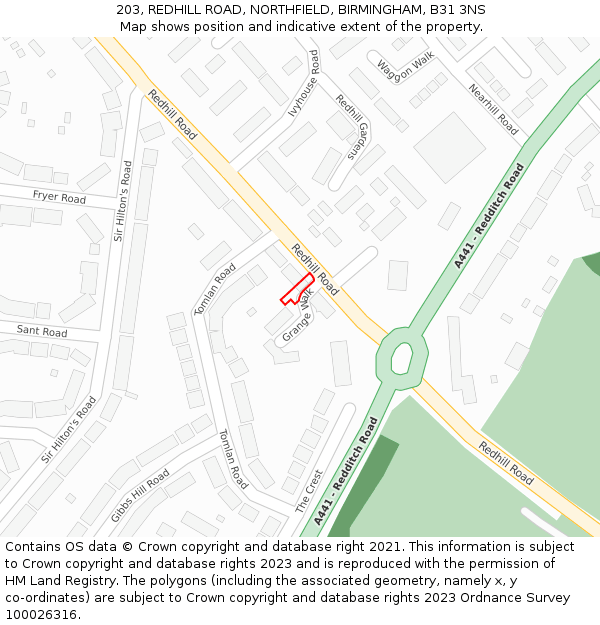 203, REDHILL ROAD, NORTHFIELD, BIRMINGHAM, B31 3NS: Location map and indicative extent of plot