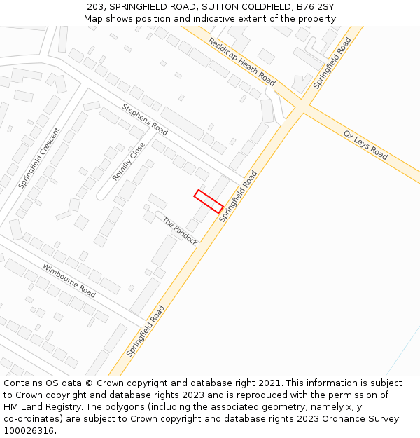 203, SPRINGFIELD ROAD, SUTTON COLDFIELD, B76 2SY: Location map and indicative extent of plot