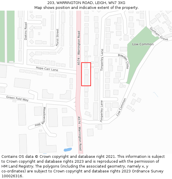 203, WARRINGTON ROAD, LEIGH, WN7 3XG: Location map and indicative extent of plot