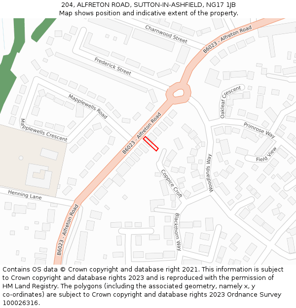 204, ALFRETON ROAD, SUTTON-IN-ASHFIELD, NG17 1JB: Location map and indicative extent of plot