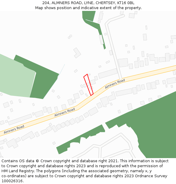 204, ALMNERS ROAD, LYNE, CHERTSEY, KT16 0BL: Location map and indicative extent of plot