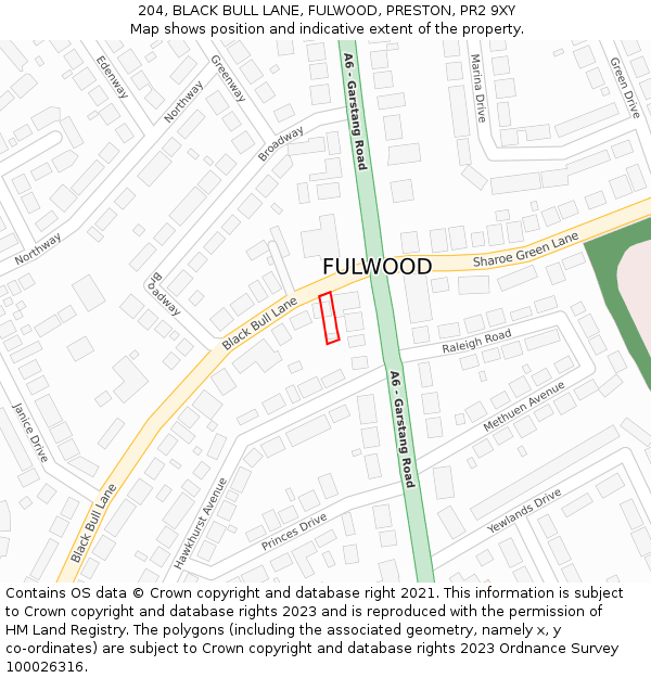 204, BLACK BULL LANE, FULWOOD, PRESTON, PR2 9XY: Location map and indicative extent of plot