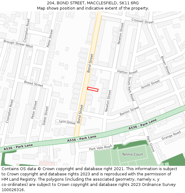 204, BOND STREET, MACCLESFIELD, SK11 6RG: Location map and indicative extent of plot