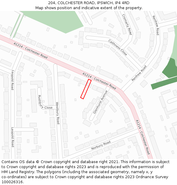 204, COLCHESTER ROAD, IPSWICH, IP4 4RD: Location map and indicative extent of plot