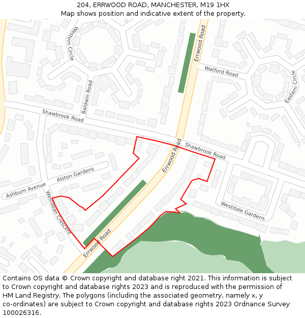 204, ERRWOOD ROAD, MANCHESTER, M19 1HX: Location map and indicative extent of plot