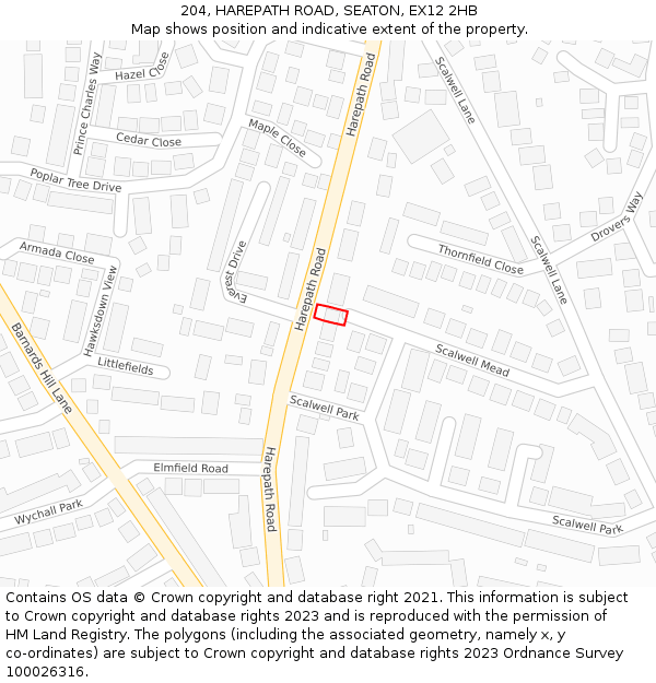 204, HAREPATH ROAD, SEATON, EX12 2HB: Location map and indicative extent of plot