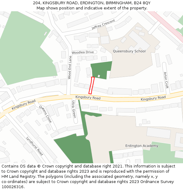 204, KINGSBURY ROAD, ERDINGTON, BIRMINGHAM, B24 8QY: Location map and indicative extent of plot