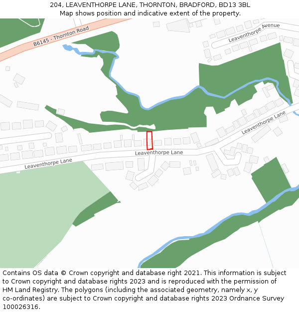 204, LEAVENTHORPE LANE, THORNTON, BRADFORD, BD13 3BL: Location map and indicative extent of plot