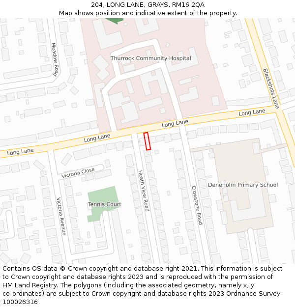 204, LONG LANE, GRAYS, RM16 2QA: Location map and indicative extent of plot