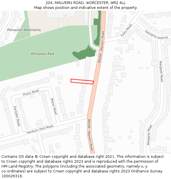 204, MALVERN ROAD, WORCESTER, WR2 4LL: Location map and indicative extent of plot