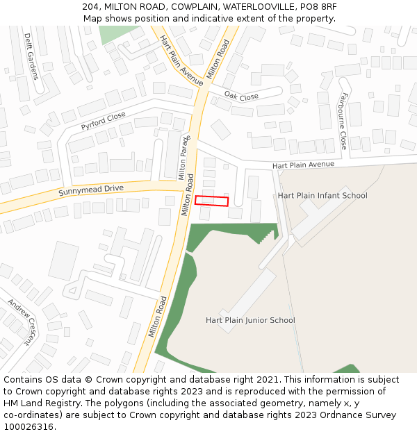 204, MILTON ROAD, COWPLAIN, WATERLOOVILLE, PO8 8RF: Location map and indicative extent of plot