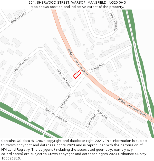 204, SHERWOOD STREET, WARSOP, MANSFIELD, NG20 0HQ: Location map and indicative extent of plot