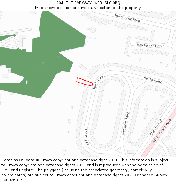 204, THE PARKWAY, IVER, SL0 0RQ: Location map and indicative extent of plot