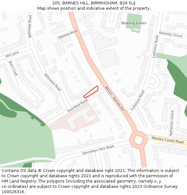 205, BARNES HILL, BIRMINGHAM, B29 5UJ: Location map and indicative extent of plot