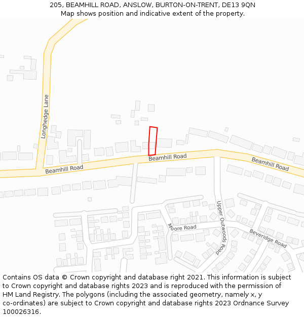 205, BEAMHILL ROAD, ANSLOW, BURTON-ON-TRENT, DE13 9QN: Location map and indicative extent of plot