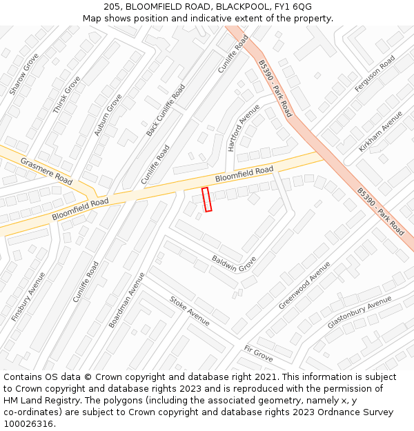 205, BLOOMFIELD ROAD, BLACKPOOL, FY1 6QG: Location map and indicative extent of plot