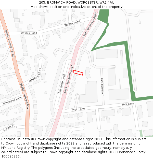 205, BROMWICH ROAD, WORCESTER, WR2 4AU: Location map and indicative extent of plot