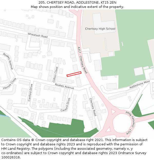 205, CHERTSEY ROAD, ADDLESTONE, KT15 2EN: Location map and indicative extent of plot