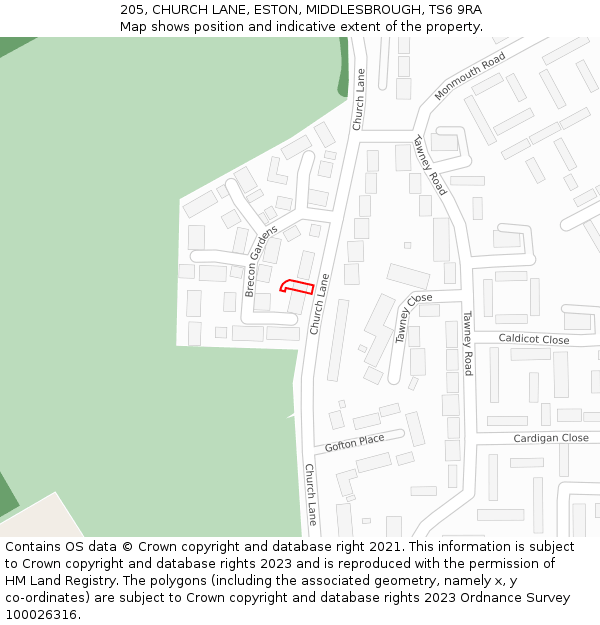 205, CHURCH LANE, ESTON, MIDDLESBROUGH, TS6 9RA: Location map and indicative extent of plot