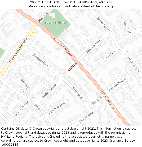 205, CHURCH LANE, LOWTON, WARRINGTON, WA3 2RZ: Location map and indicative extent of plot