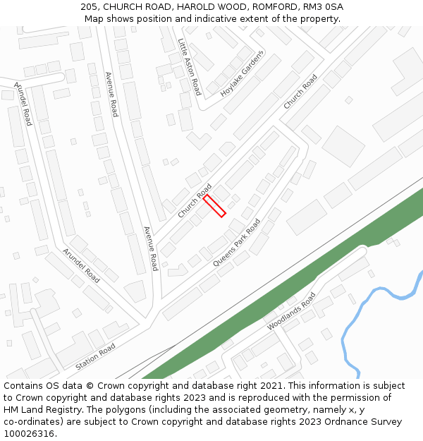 205, CHURCH ROAD, HAROLD WOOD, ROMFORD, RM3 0SA: Location map and indicative extent of plot