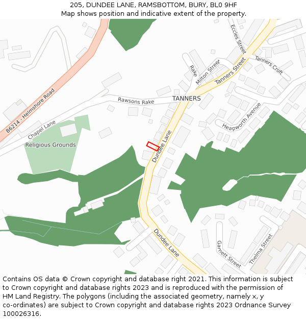 205, DUNDEE LANE, RAMSBOTTOM, BURY, BL0 9HF: Location map and indicative extent of plot