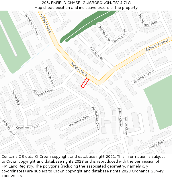 205, ENFIELD CHASE, GUISBOROUGH, TS14 7LG: Location map and indicative extent of plot