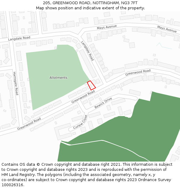 205, GREENWOOD ROAD, NOTTINGHAM, NG3 7FT: Location map and indicative extent of plot