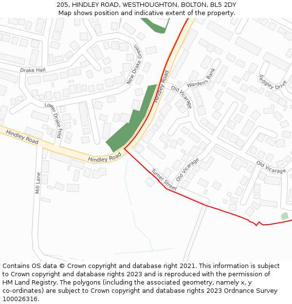 205, HINDLEY ROAD, WESTHOUGHTON, BOLTON, BL5 2DY: Location map and indicative extent of plot